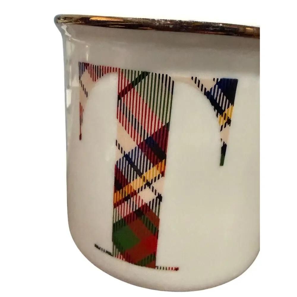 Pottery Barn Stewart Plaid Coffee Tea Mug Letter T Monogram 16oz Ceramic Holiday